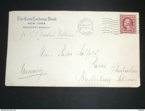 Pastor Salfeld in Passee b. Neubuckow in Mecklenburg , 1909 , The Corn Exchange Bank New York , Umschlag !!