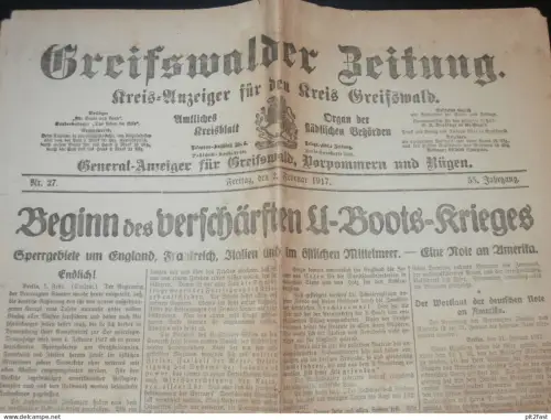 Greifswalder Zeitung , 1917 , U-Boot Krieg , Greifswald , Groß Bisdorf , Dersekow , Reklame , Mecklenburg !!