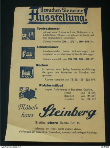 Steinberg - Möbel Ausstellung in Stettin i. Pommern , ca. 1935 , alte Reklame / Werbung !!
