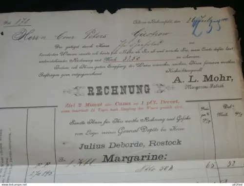 Margarine Fabrik Mohr - Julius Deborde in Rostock i. Mecklenburg , 1892 , Hamburg , alte Rechnung , Dokument !!
