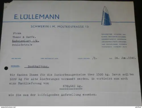 Zuckerfabrik - E- Lüllemann in Schwerin i. Mecklenburg , 1940 , alte Rechnung , altes Dokument !!