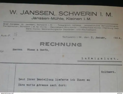 Janssen-Mühle in Bad Kleinen / W. Janssen in Schwerin i. Mecklenburg , 1924 , alte Rechnung , altes Dokument !!