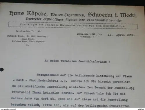 Warenagentur - Hans Köpcke in Schwerin i. Mecklenburg , 1931 , alte Rechnung , altes Dokument !!
