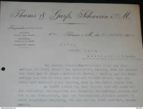 Thams & Garfs in Schwerin i. Mecklenburg , 1932 , alte Rechnung , altes Dokument !!