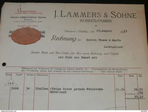 Korken-Fabrik J. Lammers in Schwerin i. Mecklenburg , 1933 , Kronkorken , alte Rechnung , altes Dokument !!