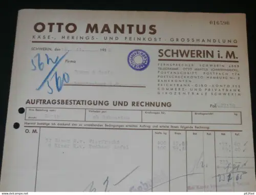 Feinkost - Otto Mantus in Schwerin i. Mecklenburg , 1939 , alte Rechnung , altes Dokument !!