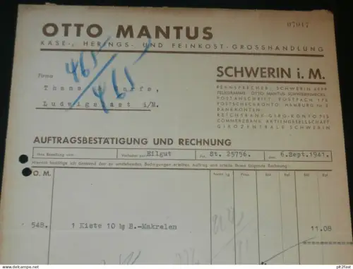 Feinkost - Otto Mantus in Schwerin i. Mecklenburg , 1941 , alte Rechnung , altes Dokument !!