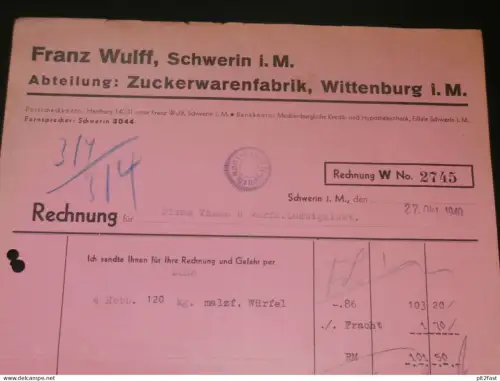 Zuckerwaren - Franz Wulff in Schwerin i. Mecklenburg , 1940 , alte Rechnung , altes Dokument !!