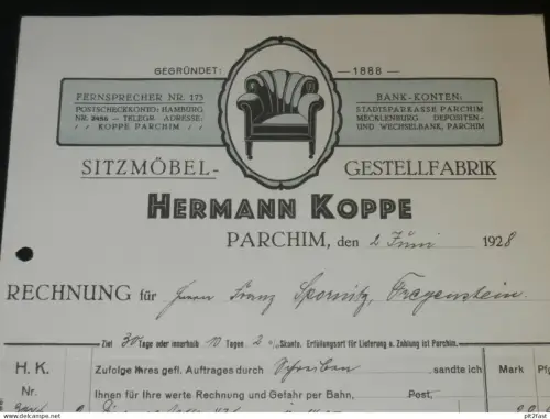 Sitzmöbel - Hermann Koppe in Parchim i. Mecklenburg , 1928 , alte Rechnung , altes Dokument !!