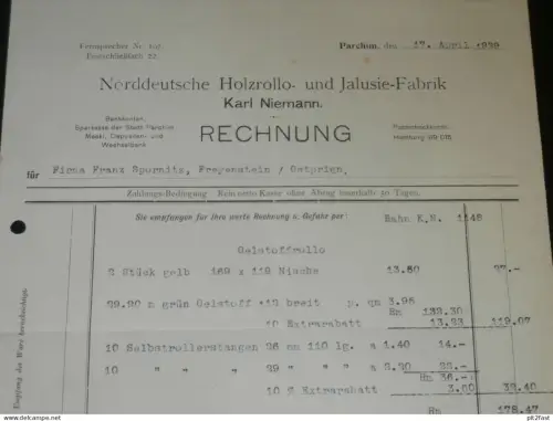 Holzrollo-Fabrik Karl Niemann in Parchim i. Mecklenburg , 1929 , alte Rechnung , altes Dokument !!