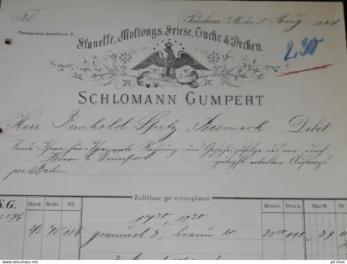 Decken und Tücher - Schlomann Gumpert in Parchim i. Mecklenburg , 1904 , alte Rechnung , altes Dokument !!