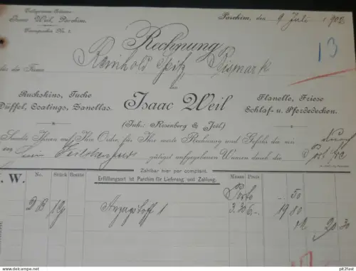 Decken und Tücher - Isaac Weil / Rosenberg & Joel in Parchim i. Mecklenburg , 1903 , alte Rechnung , altes Dokument !!