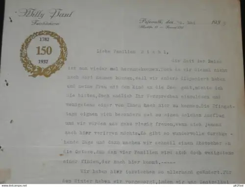 Bäckerei Willy Paul in Pasewalk i. Mecklenburg , 1933 , altes Dokument !!