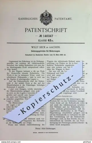 original Patent -  Willy Seck , Aachen | 1903 | Reibungsgetriebe f. Motorwagen | Getriebe , Automobil , Oldtimer , Motor