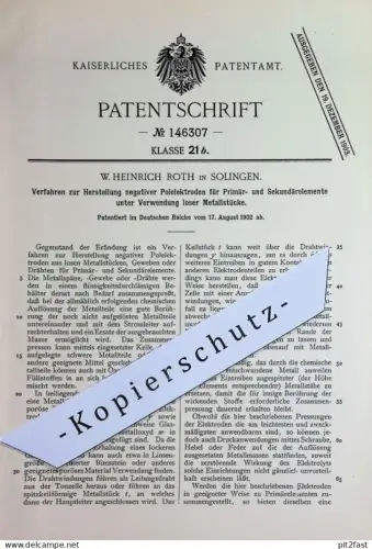original Patent - W. Heinrich Roth , Solingen | 1902 | negativer Polelektroden | Elektroden Strom Stromleiter Elektrik