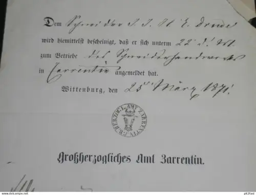 altes Dokument - Wittenburg / Zarrentin , 1871 , Mecklenburg !!