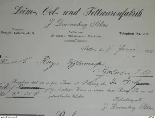 Oelfabrik - J. Dannenberg in Stettin i. Pommern , 1912 ,  alte Rechnung , Dokument !!