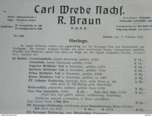 Heringe - Carl Wrede / R. Braun in Stettin i. Pommern , 1915 , alte Rechnung , Dokument