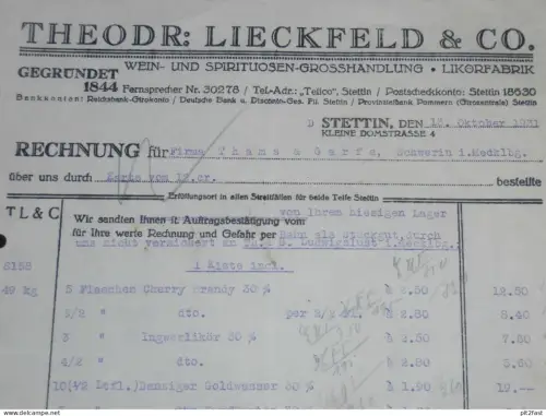 Likör-Fabrik Theodor Lieckfeld in Stettin i. Pommern , 1931 , alte Rechnung , Dokument !!
