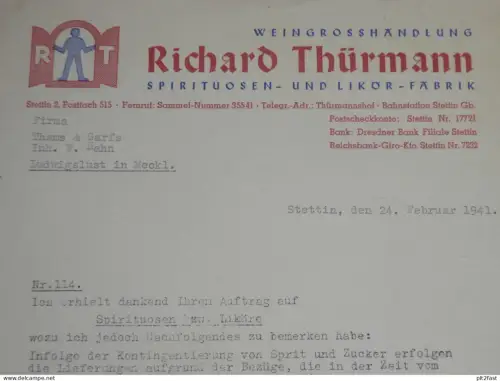 Likör-Fabrik Richard Thürmann in Stettin i. Pommern , 1941 , alte Rechnung , Dokument !!