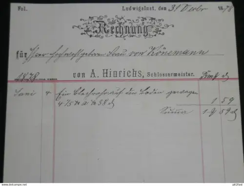 Schlossermeister A. Hinrichs in Ludwigslust i. Mecklenburg , 1878 , alte Rechnung , Dokument !!