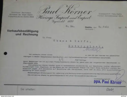 Herings-Import Paul Körner in Stettin i. Pommern , 1934 , alte Rechnung , Dokument !!