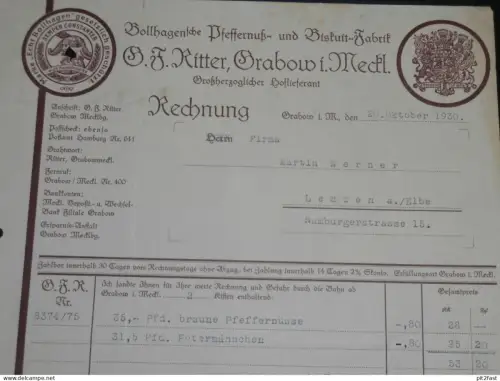 Pfeffernuß-Fabrik G.F. Ritter in Grabow i. Mecklenburg , 1930 , alte Rechnung , Dokument !!