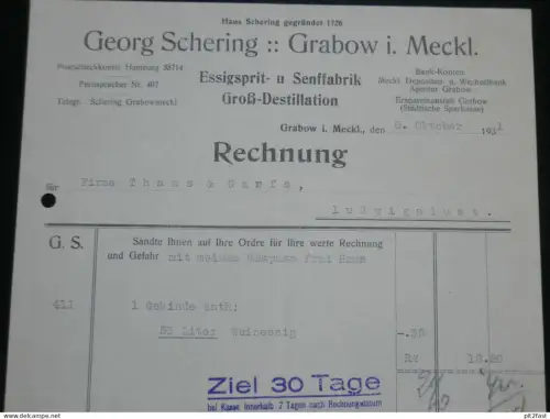 Essig und Senf - Georg Schering in Grabow i. Mecklenburg , 1931 , alte Rechnung , Dokument !!