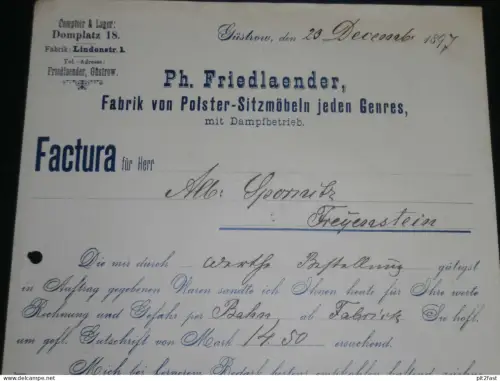 Polster-Fabrik Ph. Friedlaender in Güstrow i. Mecklenburg , 1897 , alte Rechnung , Dokument !!