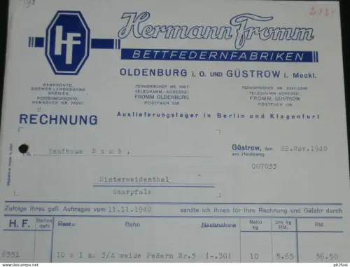 Bettfedern - Hermann Fromm in Güstrow i. Mecklenburg , 1940 , Oldenburg , Hinterweidenthal , alte Rechnung , Dokument !!
