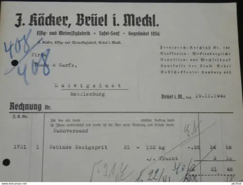 Essig und Senf - J. Käcker in Brüel i. Mecklenburg , 1940 , alte Rechnung , Dokument !!