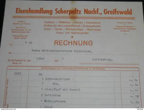 Eisenhandlung Scherpeltz in Greifswald i. Mecklenburg , 1937 , alte Rechnung , an Rittergut Weißenborn in Ludwigsburg !!