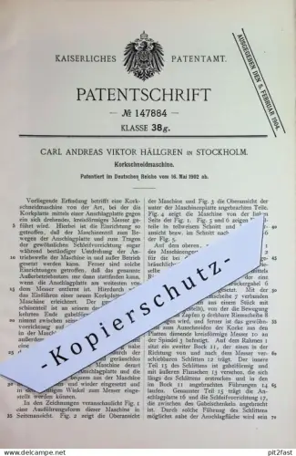 original Patent - Carl Andreas Viktor Hällgren , Stockholm , Schweden | 1902 | Korkschneidmaschine | Kork , Messer