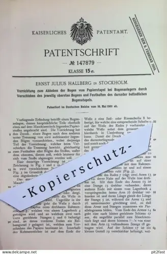 original Patent - Ernst Julius Hallberg , Stockholm , Schweden | 1901 | Abheben der Bogen vom Papierstapel | Papier !