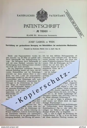 original Patent - Josef Gabriel , Wien , Österreich | 1894 | geräuschlose Bewegung der Notenblätter an Musikwerk | Musik