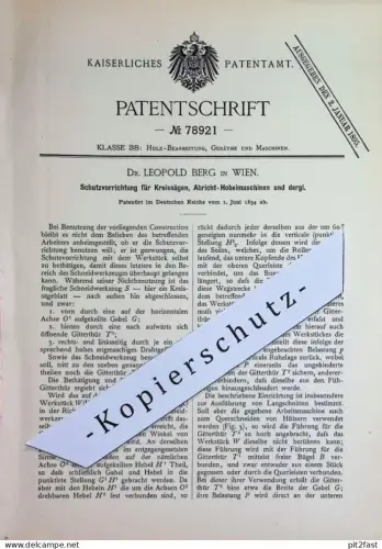 original Patent - Dr. Leopold Berg , Wien Österreich | 1894 | Schutz an Kreissäge , Hobelmaschine | Säge , Hobel , Holz