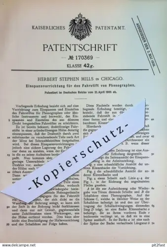 original Patent - Herbert Stephen Mills , Chicago , USA | 1905 | Fahrstift an Phonographen | Phonograph | Schall , Klang
