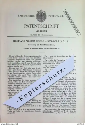 original Patent - Ferdinand William Hofele , New York , USA | 1886 | Ausstreckleiter | Leiter , Leiterwagen | Feuerwehr