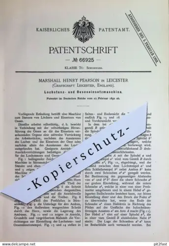 original Patent - Marshall Henry Pearson , Leicester , England | 1892 | Maschine zum Lochstanzen u. für Ösen | Schuhe !
