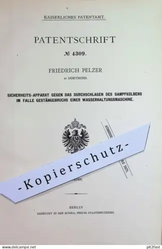 original Patent - Friedrich Pelzer , Dortmund | 1878 | Wasserhaltungsmaschine | Pumpe , Pumpen | Wasser , Dampfmaschine