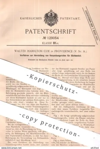 original Patent - Walter Hamilton Coe , Providence , USA | 1901 | Herst. v. Verpackungsrolle für Blattmetall | Blattgold