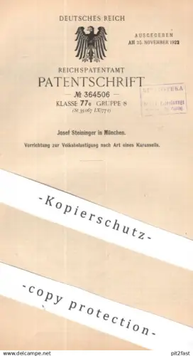 original Patent - Josef Steininger , München | 1921 | Karussell | Rundbahn zur Volksbelustigung | Schausteller