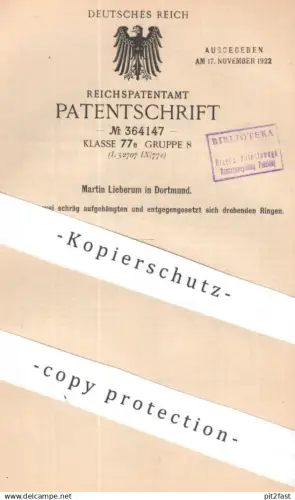 original Patent - Martin Lieberum , Dortmund | 1921 | Karussell mit sich drehenden Ringen | Rundbahn , Bahn