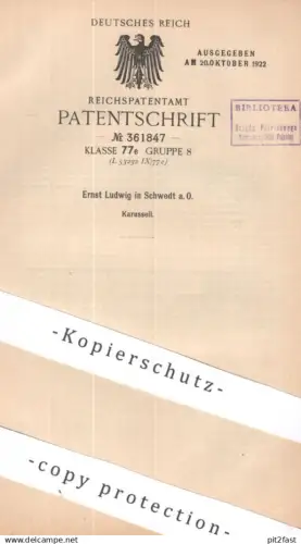 original Patent - Ernst Ludwig , Schwedt / Oder | 1921 | Karussell | Ringelbahn | Jahrmarkt , Schausteller