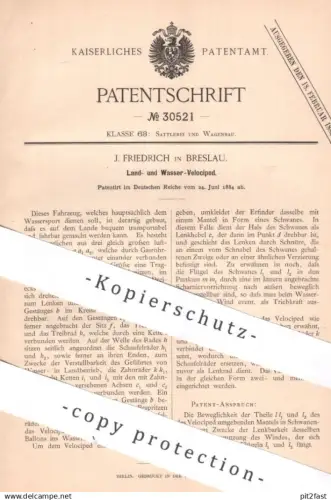 original Patent - J. Friedrich , Breslau , 1884 , Land- u. Wasser- Velociped | Fahrrad , bicycle , Rad , Fahrräder