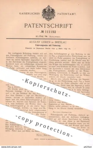 original Patent - August Lebien , Breslau | 1899 | Fahrradglocke mit Federzug | Fahrrad , bicycle , Klingel , Glocke