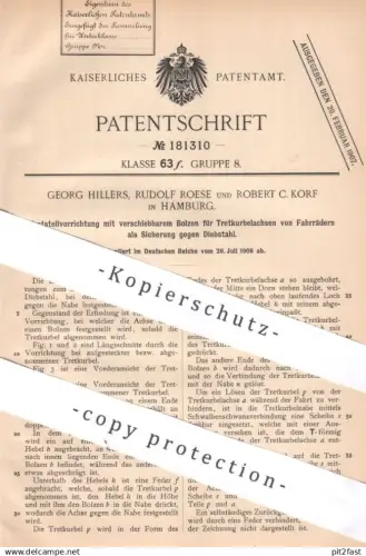original Patent - Georg Hillers , Rudolf Roese , Robert C. Korf , Hamburg | 1906 | Fahrrad Diebstahlsicherung | bicycle
