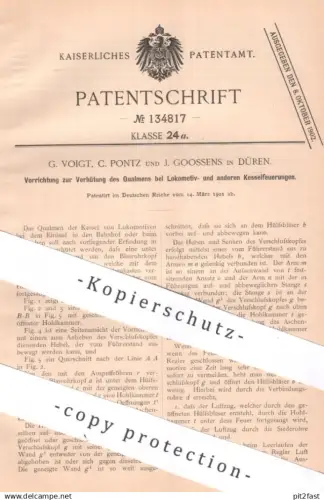 original Patent - G. Voigt , C. Pontz , J. Goossens , Düren | 1901 | Qualm bei Lokomotive u. Feuerung | Eisenbahn Train