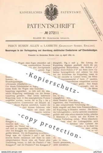 original Patent - Percy Ruskin Allen , Lambeth , Surrey , England , 1883 , Elektr. Eisenbahnzug | Kupplung | Eisenbahn