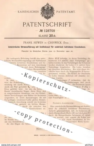 original Patent - Frank Hewer , Chiswick , England | 1900 | Unterirdische Stromzuführung für elektr. Eisenbahn | Train